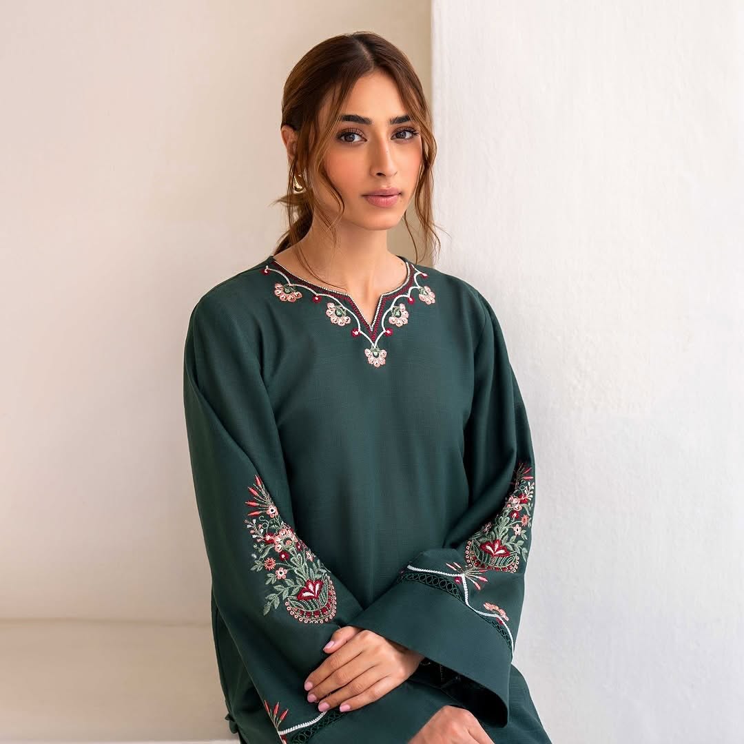 Hania Embroidery Long Length shirt with trouser 2 pieces stitched dress for girls