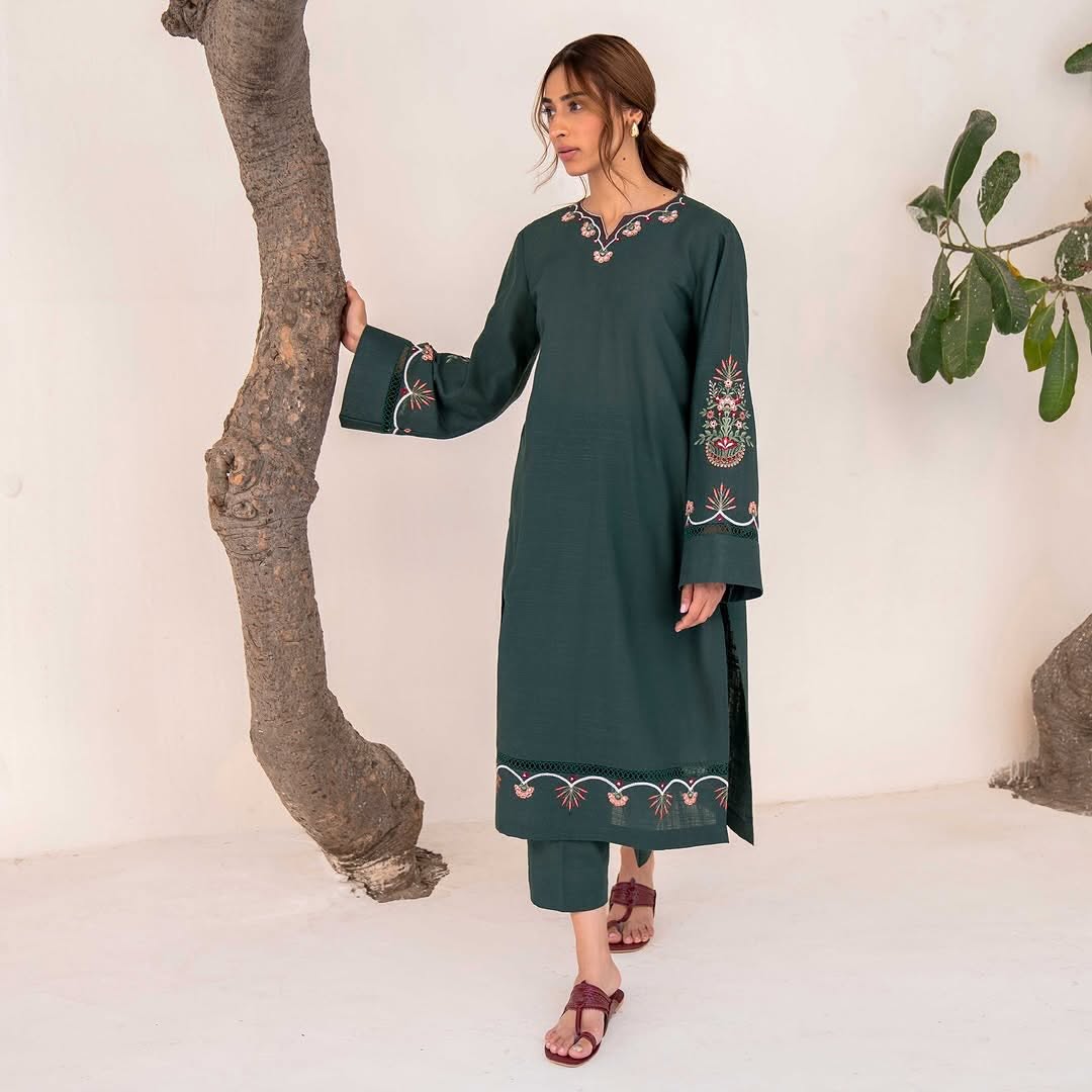 Hania Embroidery Long Length shirt with trouser 2 pieces stitched dress for girls